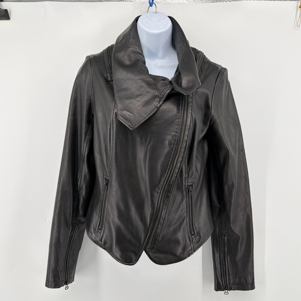 Alice + Olivia Black Lambskin Leather Asymmetric Drape Collar Moto Jacket Fits S